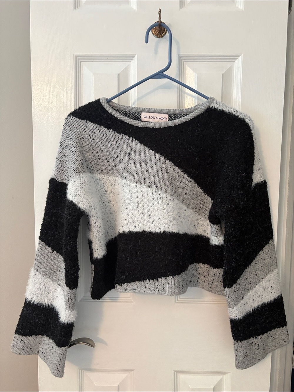 Willow & Wind Black & Gray Striped Fuzzy Crewneck Sweater